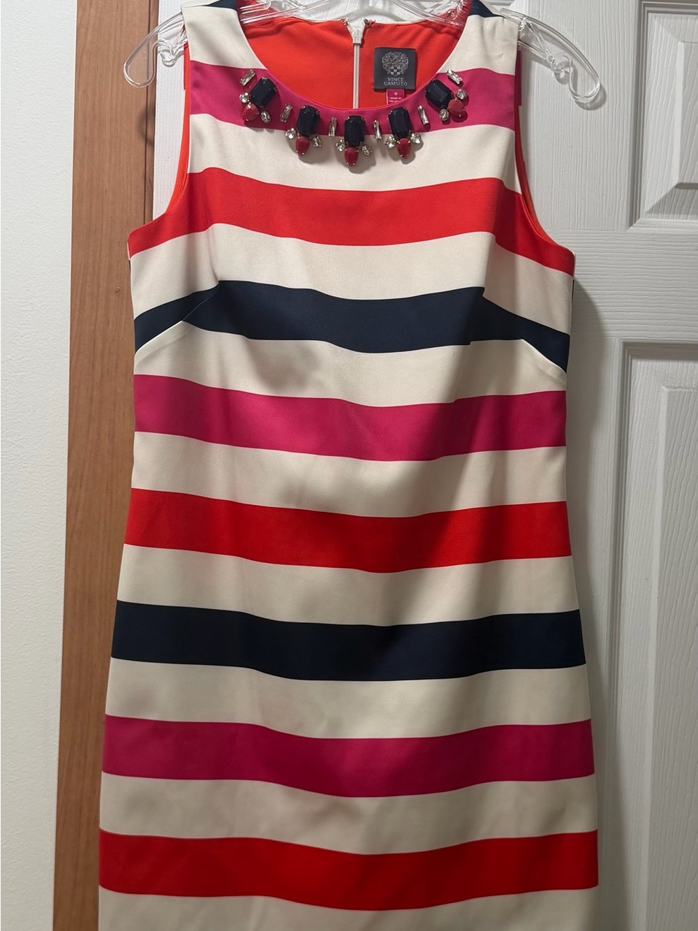 Vince Camuto Cream, Red, Navy & Pink Striped Jewel-Neck Sheath Dress
